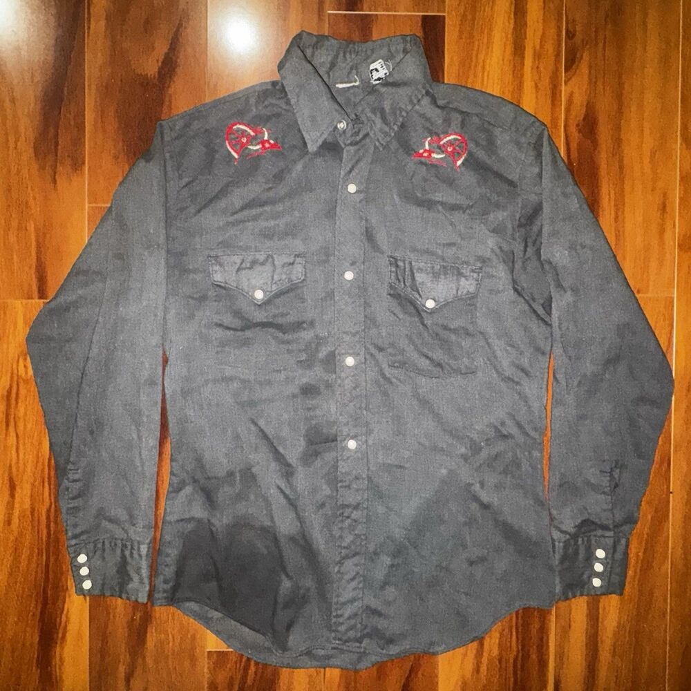 Vintage Western Pearl Snap Shirt Black Embroidered Cowboy Ranch Mens M 80s
